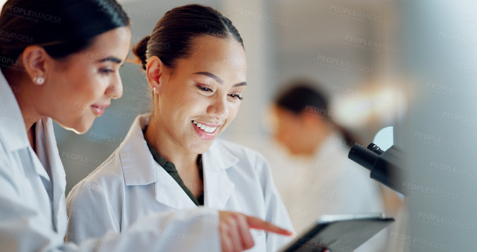 Buy stock photo Scientist, women and teamwork on tablet and computer for laboratory advice, medical research and night planning. Students, science people or mentor on digital technology of test results or comparison