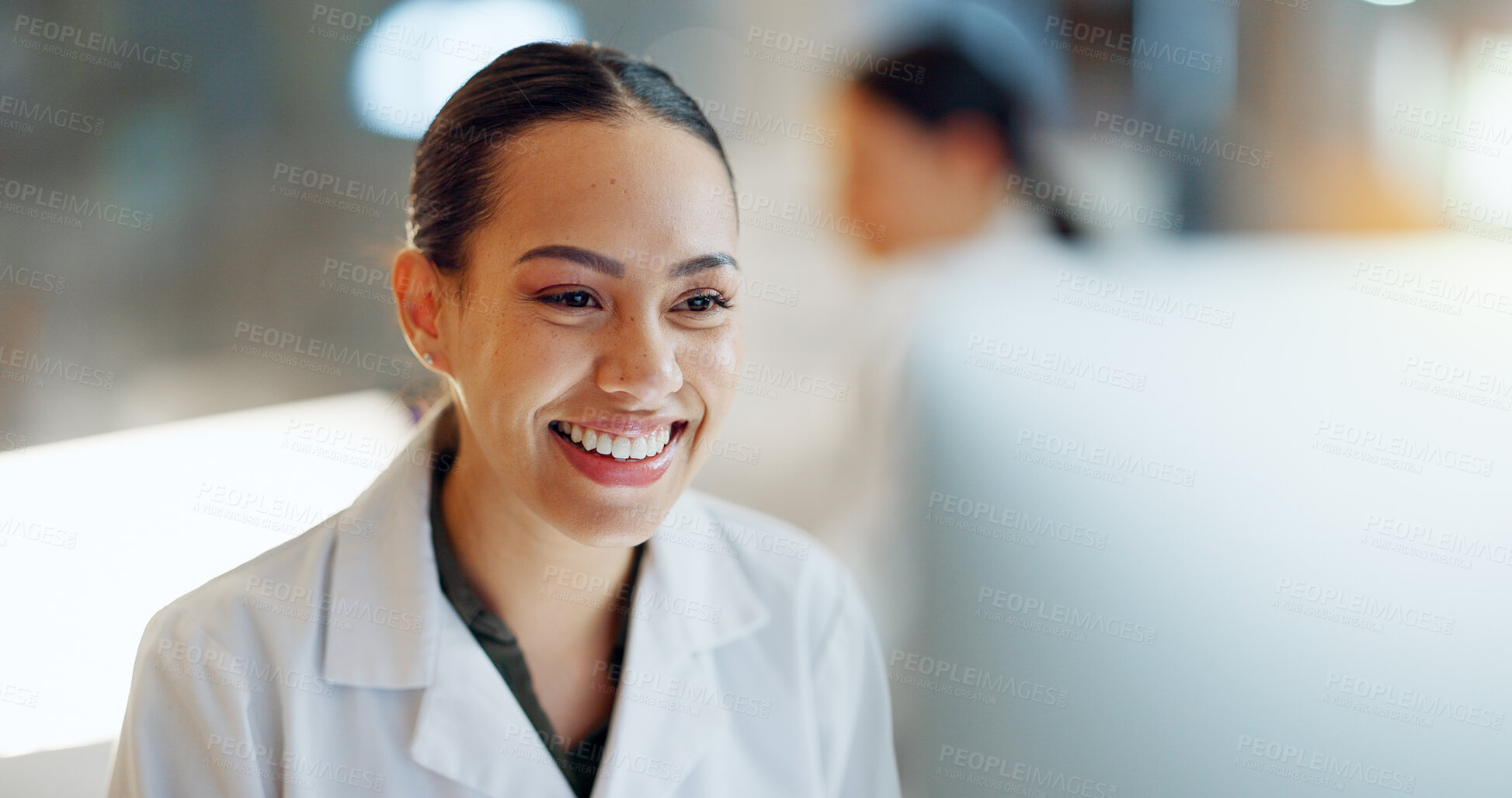 Buy stock photo Doctor, woman and smile with data analysis in laboratory for biochemistry, science or research. Female person, face and happiness for experiment in medical care for health, treatment or breakthrough