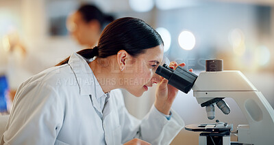 Science, research and woman with microscope, tablet and biotech data report in laboratory. Medical innovation, scientist or lab technician in study for healthcare, medicine and vaccine test feedback