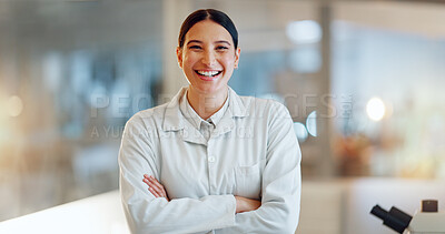 Lab woman, arms crossed and scientist happy for clinic confidence, medical innovation or pharma study, trust or investigation. Expert portrait, laboratory study and person work on science development