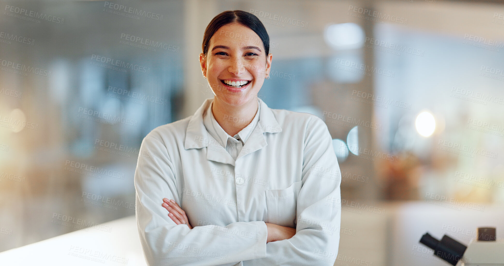 Buy stock photo Lab woman, arms crossed and scientist happy for clinic confidence, medical innovation or pharma study, trust or investigation. Expert portrait, laboratory study and person work on science development