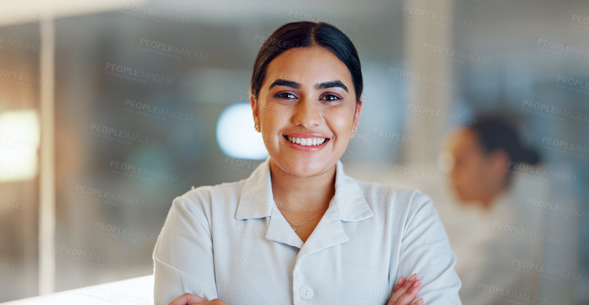 Buy stock photo Lab face, science woman and happiness for chemistry development, medical innovation or scientific success. Laboratory portrait, job experience or scientist smile for healthcare support, help or study