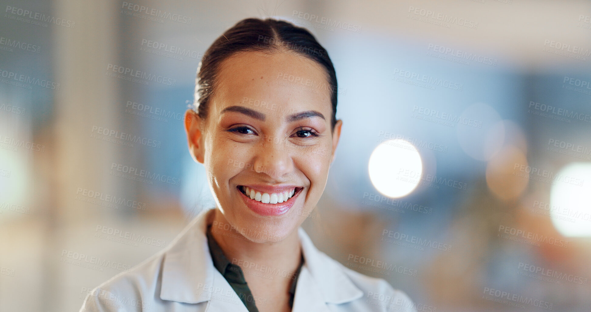 Buy stock photo Laboratory woman, face and scientist happy for hospital pride, medicine innovation or scientific study. Professional lab portrait, confident mindset and healthcare worker for pharmaceutical science