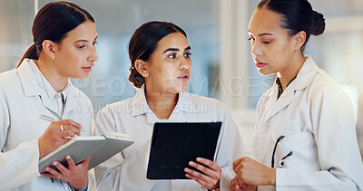 Scientist, teamwork and tablet for planning research, medical feedback and results or internship group training. Students, doctors or science women with digital technology, notebook and collaboration