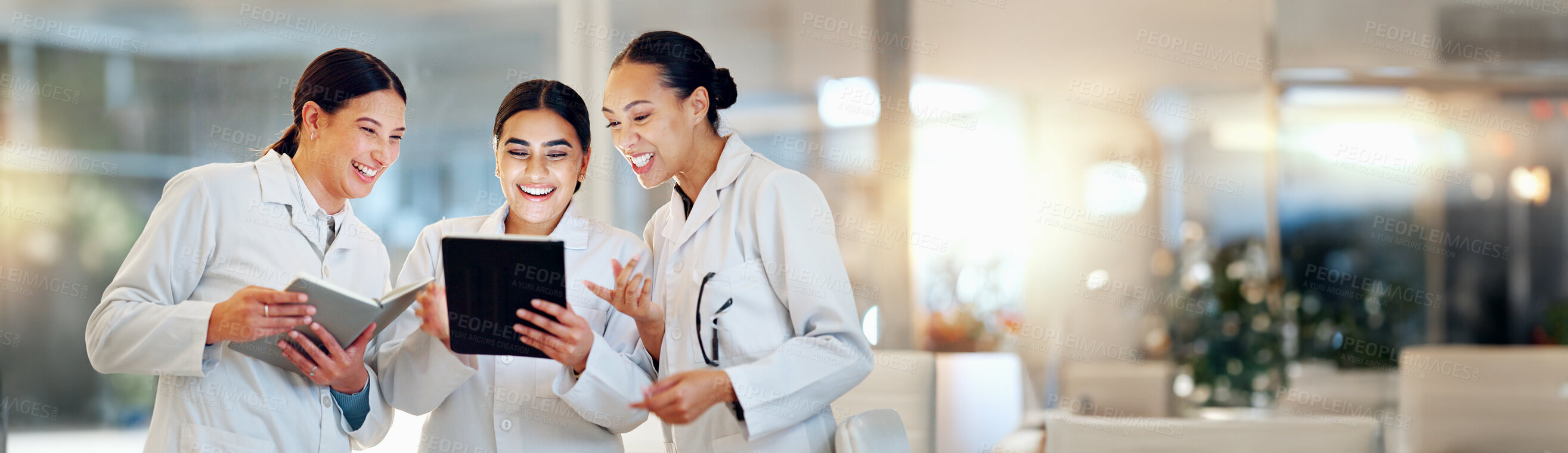 Buy stock photo Scientist, teamwork and tablet for planning research, medical feedback and results or internship group training. Students, doctors or science women with digital technology, notebook and collaboration