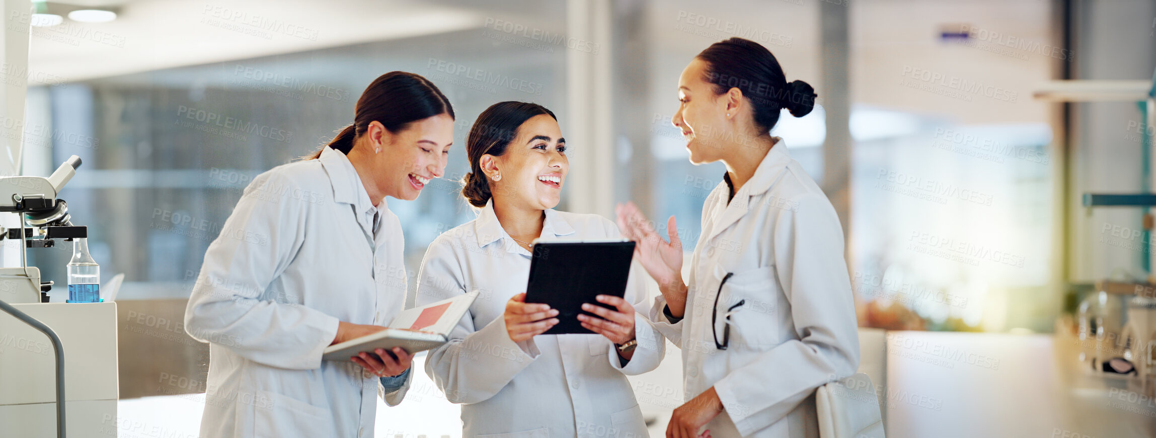 Buy stock photo Scientist, teamwork and tablet for planning research, medical feedback and results or internship group training. Students, doctors or science women with digital technology, notebook and collaboration