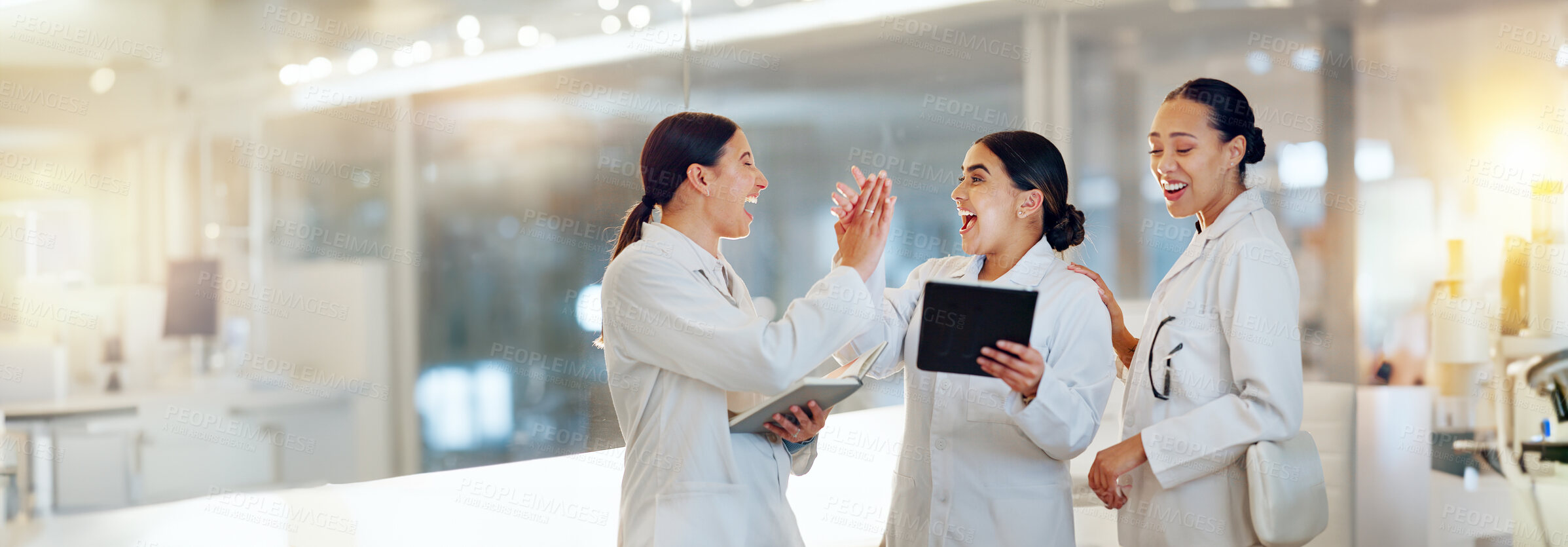 Buy stock photo Scientist, high five and research success on tablet for teamwork, medical goals and achievement in laboratory. Science students or women group with wow, solution and check data on digital technology