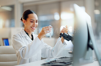 Science, research and happy woman with pipette, microscope and biotech solution in laboratory. Medical innovation, scientist or lab technician in study for healthcare, medicine check and vaccine test