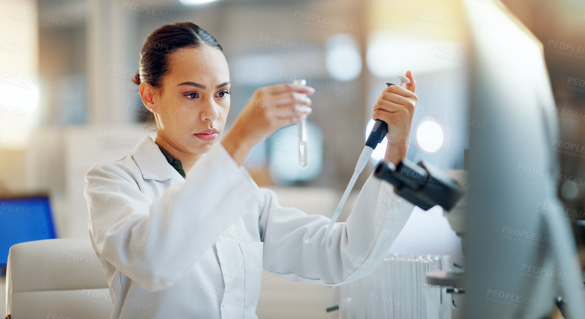 Buy stock photo Science, results and woman with pipette, test tube and microscope for biotech solution in laboratory. Medical research, scientist or lab technician in study for healthcare, medicine or vaccine test.