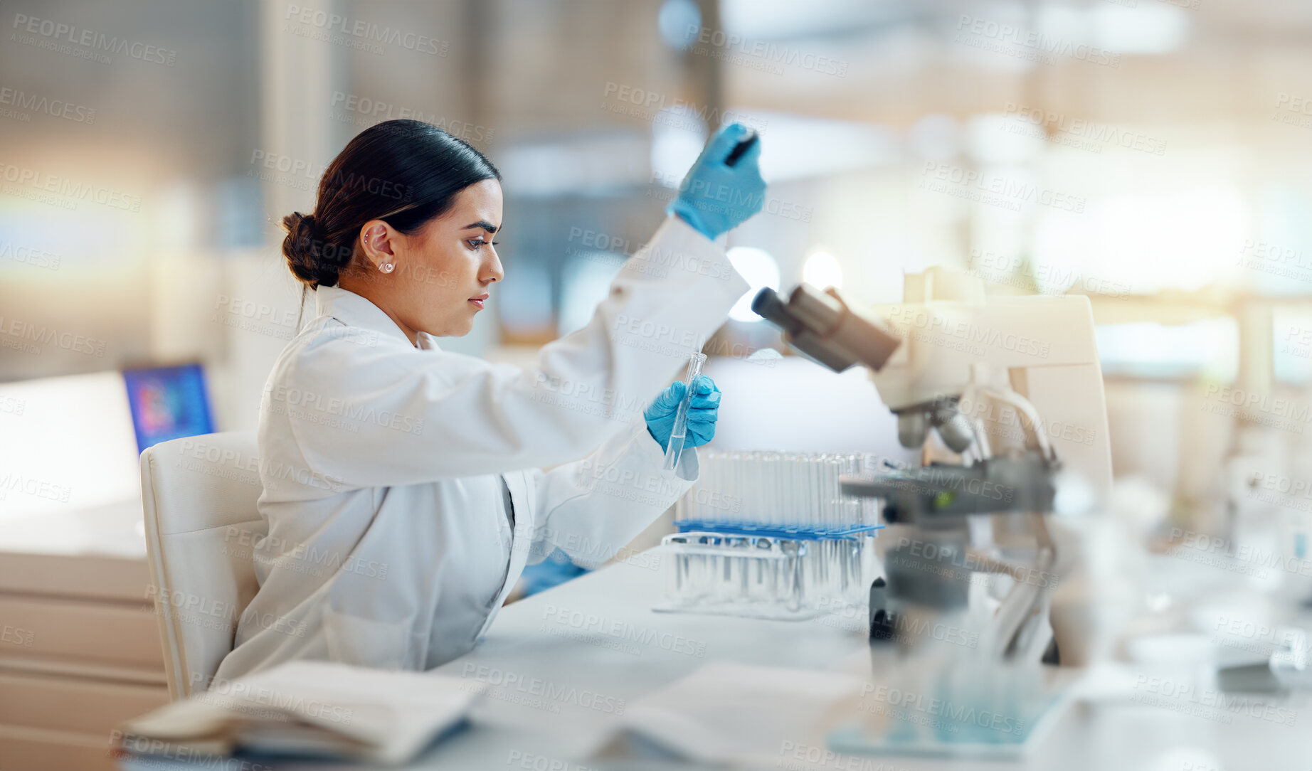 Buy stock photo Science, laboratory and woman with pipette, test tube and biotech solution in research. Medical innovation, scientist or lab technician in study for healthcare, medicine and vaccine results feedback.