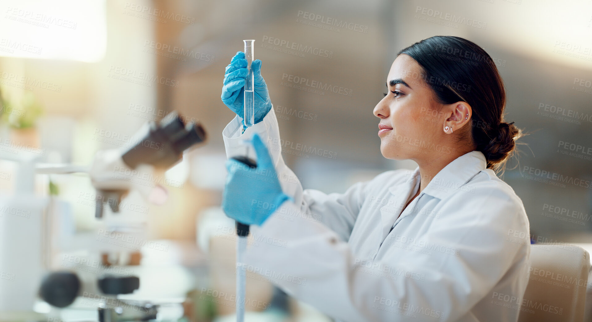 Buy stock photo Science, laboratory and woman with pipette, test tube and biotech solution in research. Medical innovation, scientist or lab technician in study for healthcare, medicine and vaccine results feedback.