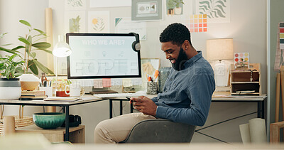 Business, office and black man with smartphone, typing and computer screen with graphic designer, social media and network. African person, employee or worker with a cellphone, mobile app or internet
