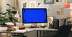 Office, mockup or green screen on computer to research network, chroma key marker or web design. Background, empty or technology at work desk for copywriting branding, advertising or marketing space
