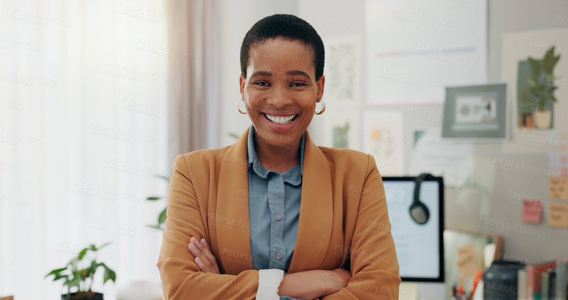 Buy stock photo Remote work, confidence and black woman at desk with computer, headphones and smile in home office. Freelance, internet and technology, online career with happy virtual assistant working in apartment