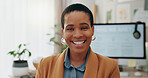 Face, business and black woman with a smile, office or professional with career ambition, company or computer. Portrait, African person or happy employee in a workplace, pc or consultant with startup