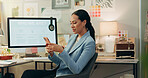 Phone, happy and businesswoman in the office typing a text message on social media or the internet. Smile, technology and professional female creative designer scroll on cellphone in the workplace.