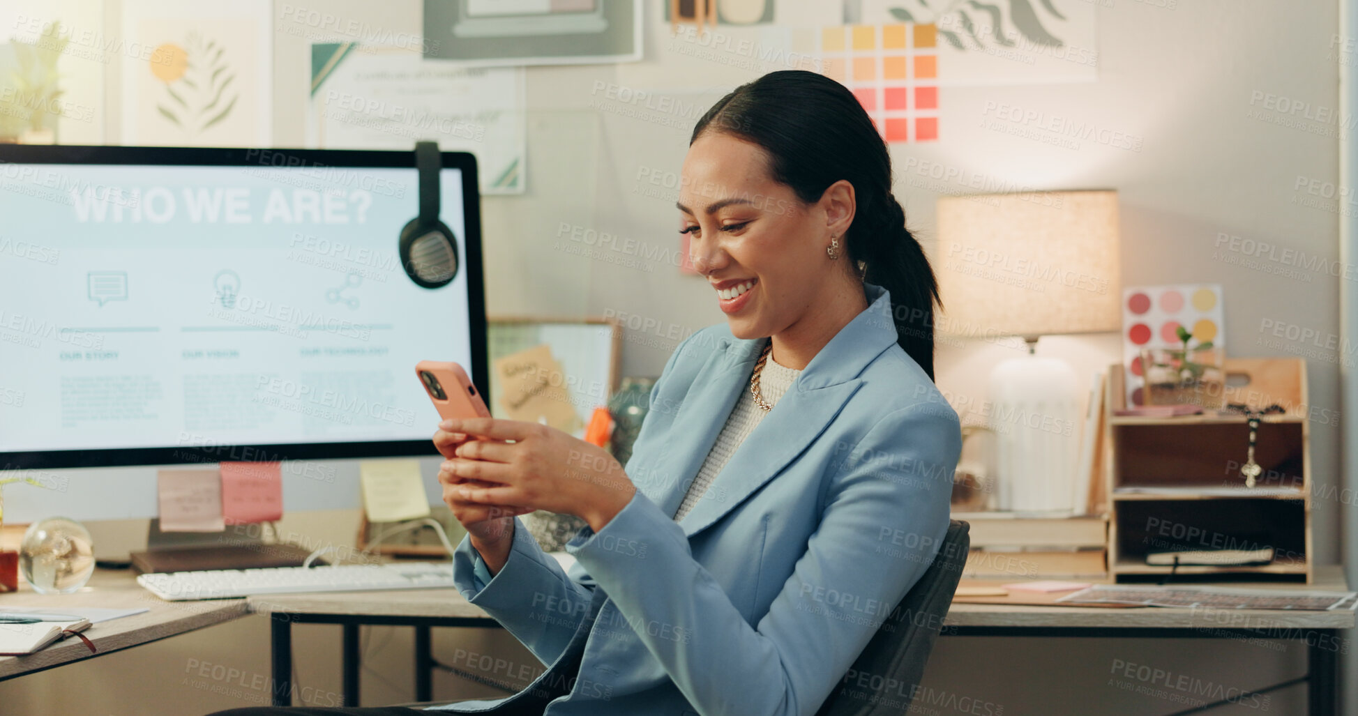 Buy stock photo Phone, happy and businesswoman in the office typing a text message on social media or the internet. Smile, technology and professional female creative designer scroll on cellphone in the workplace.