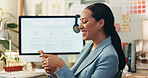 Cellphone, communication and businesswoman in office typing a text message on social media or the internet. Happy, technology and professional female creative designer scroll on a phone in workplace.