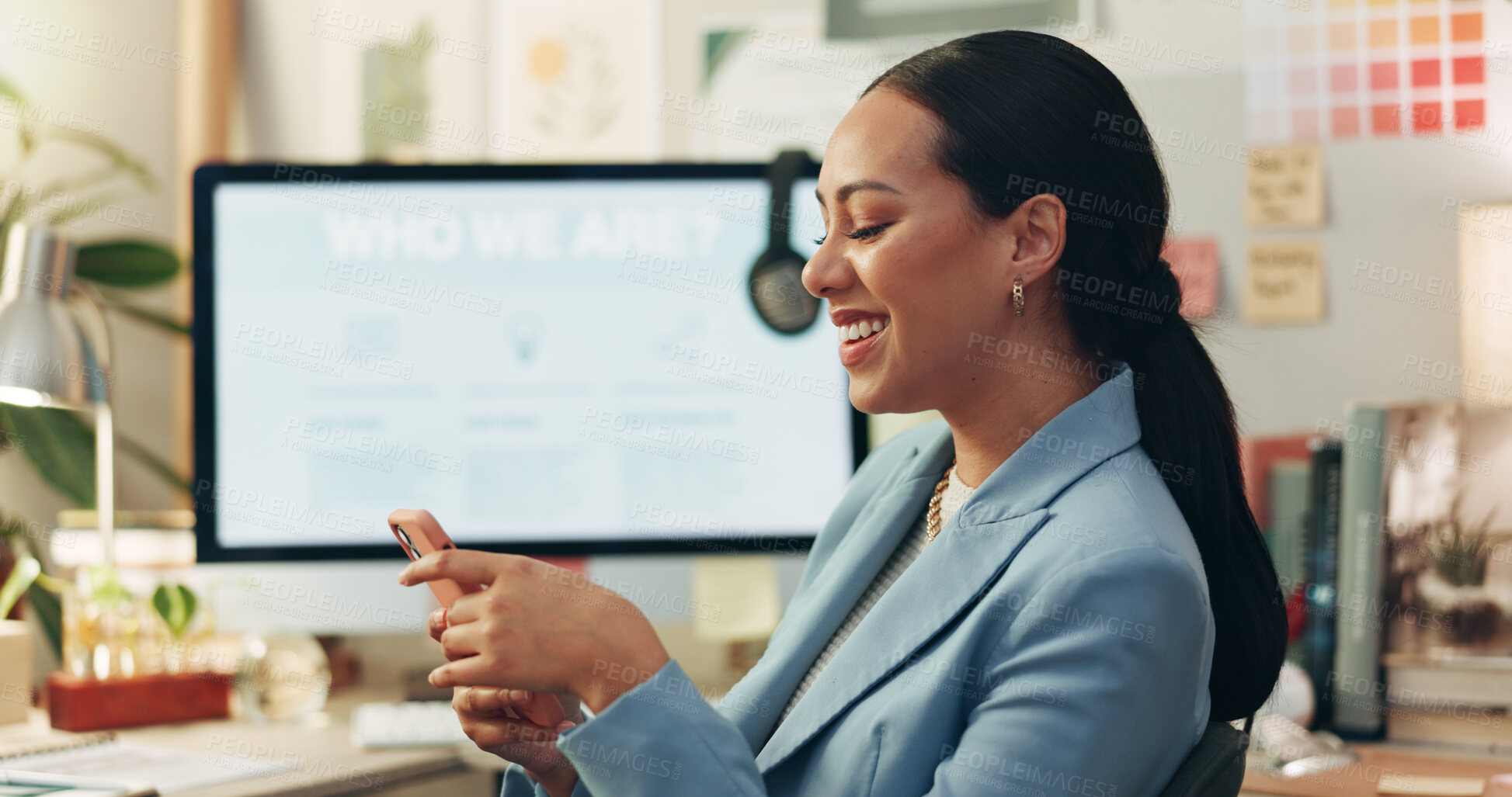 Buy stock photo Cellphone, communication and businesswoman in office typing a text message on social media or the internet. Happy, technology and professional female creative designer scroll on a phone in workplace.