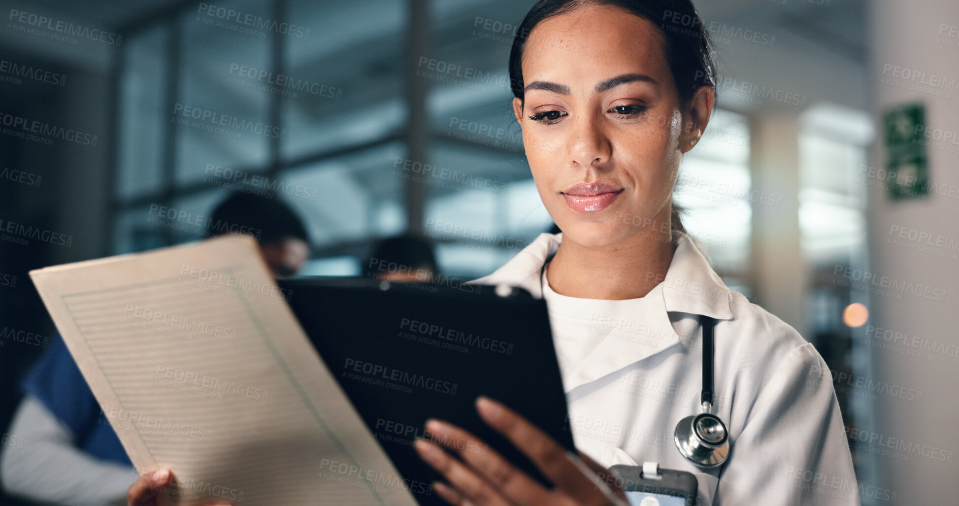 Buy stock photo Doctor, woman and tablet with document, night and analysis for results, decision and info in hospital. Medic, digital touchscreen and paperwork for health, history and planning for thinking in clinic