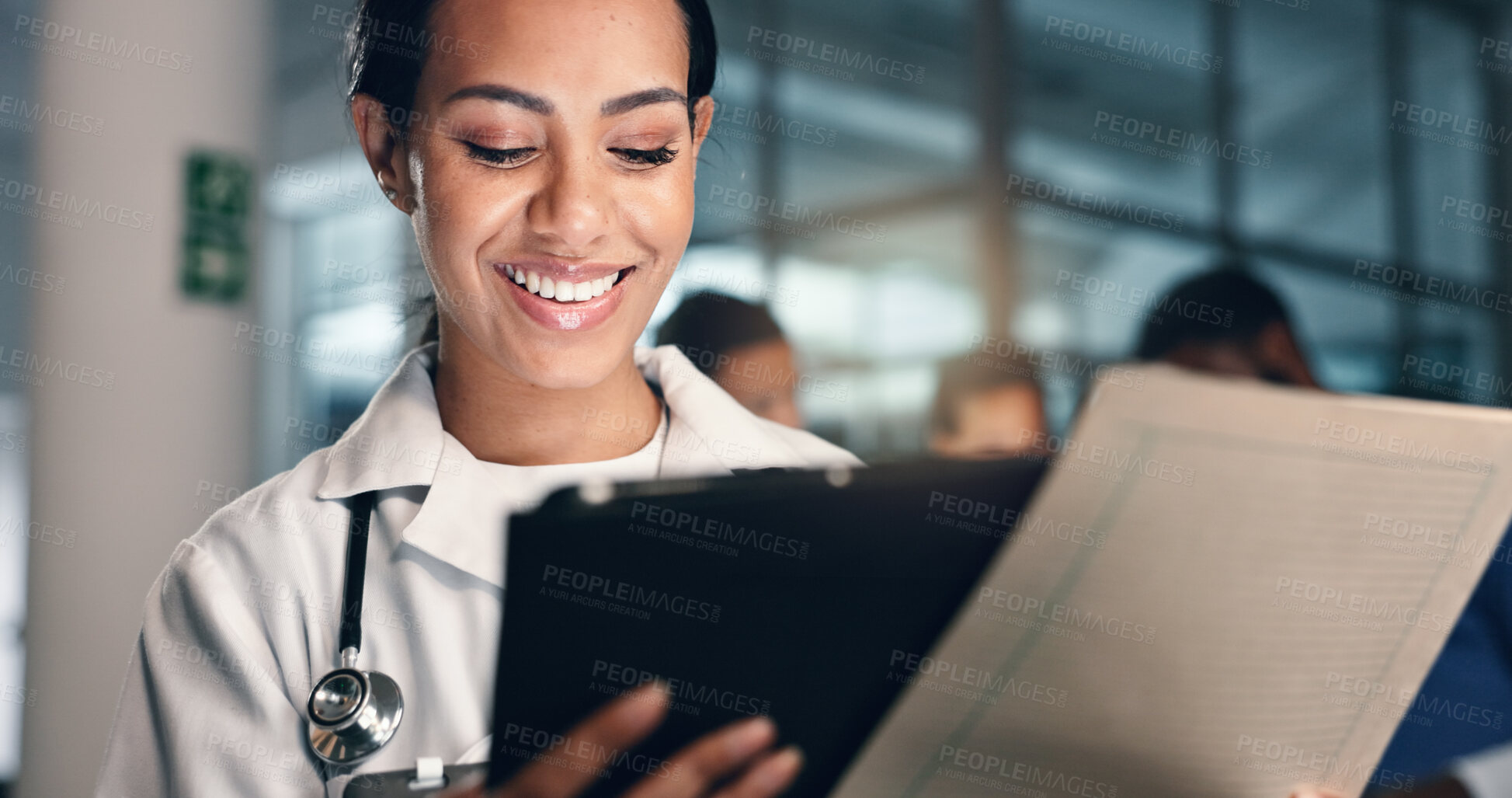 Buy stock photo Doctor, woman and tablet with document, night and analysis for results, decision and info in hospital. Medic, digital touchscreen and paperwork for health, history and planning for thinking in clinic