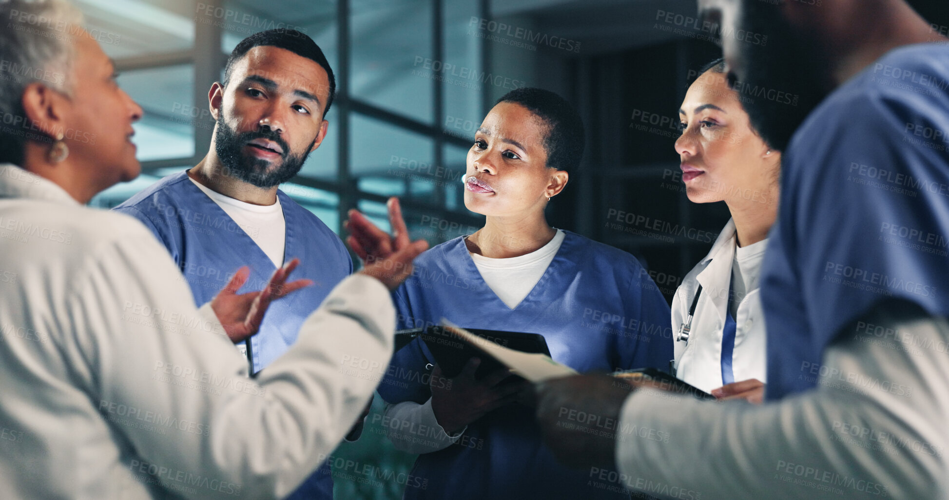 Buy stock photo Doctor, team management and tablet at night with planning medical, healthcare and clinic surgery. Hospital team and conversation and planning with research and results information for collaboration