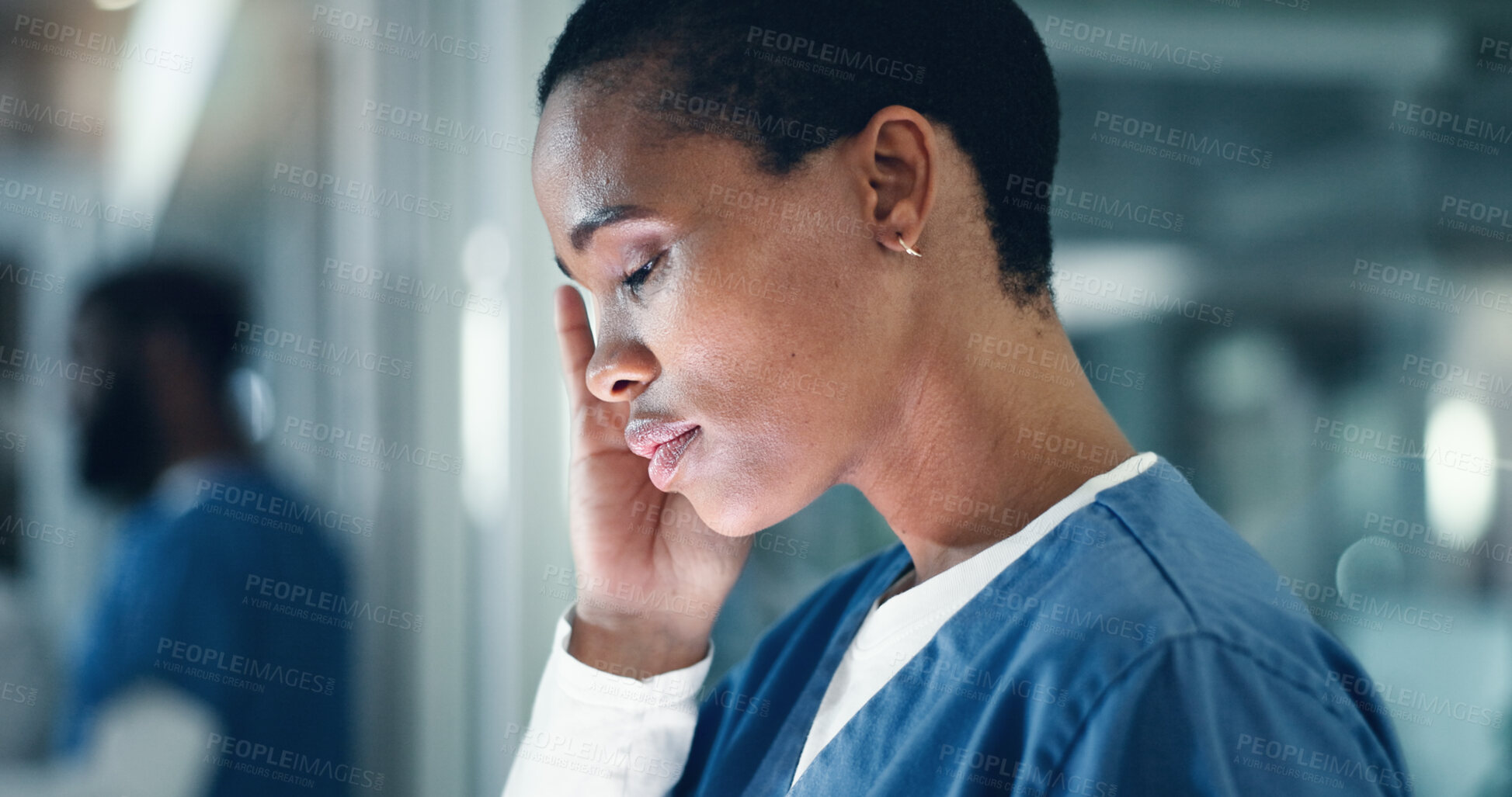 Buy stock photo Doctor, stress and black woman with headache, anxiety or neck pain while working in a hospital at night. Healthcare, anxiety and female nurse with burnout, vertigo or joint, fibromyalgia or tension