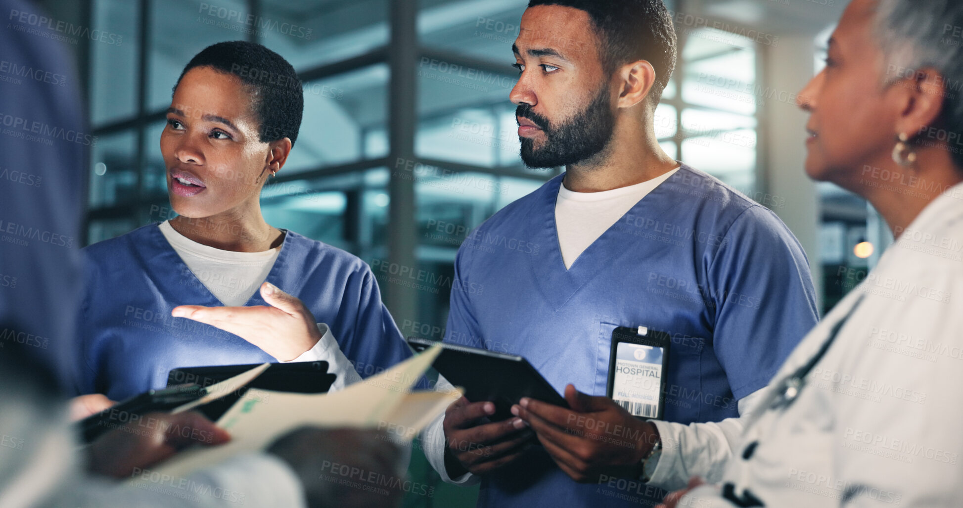 Buy stock photo Doctor, team and tablet at night with planning medical, healthcare and clinic surgery. Hospital team, employee conversation and planning with research and results information for collaboration