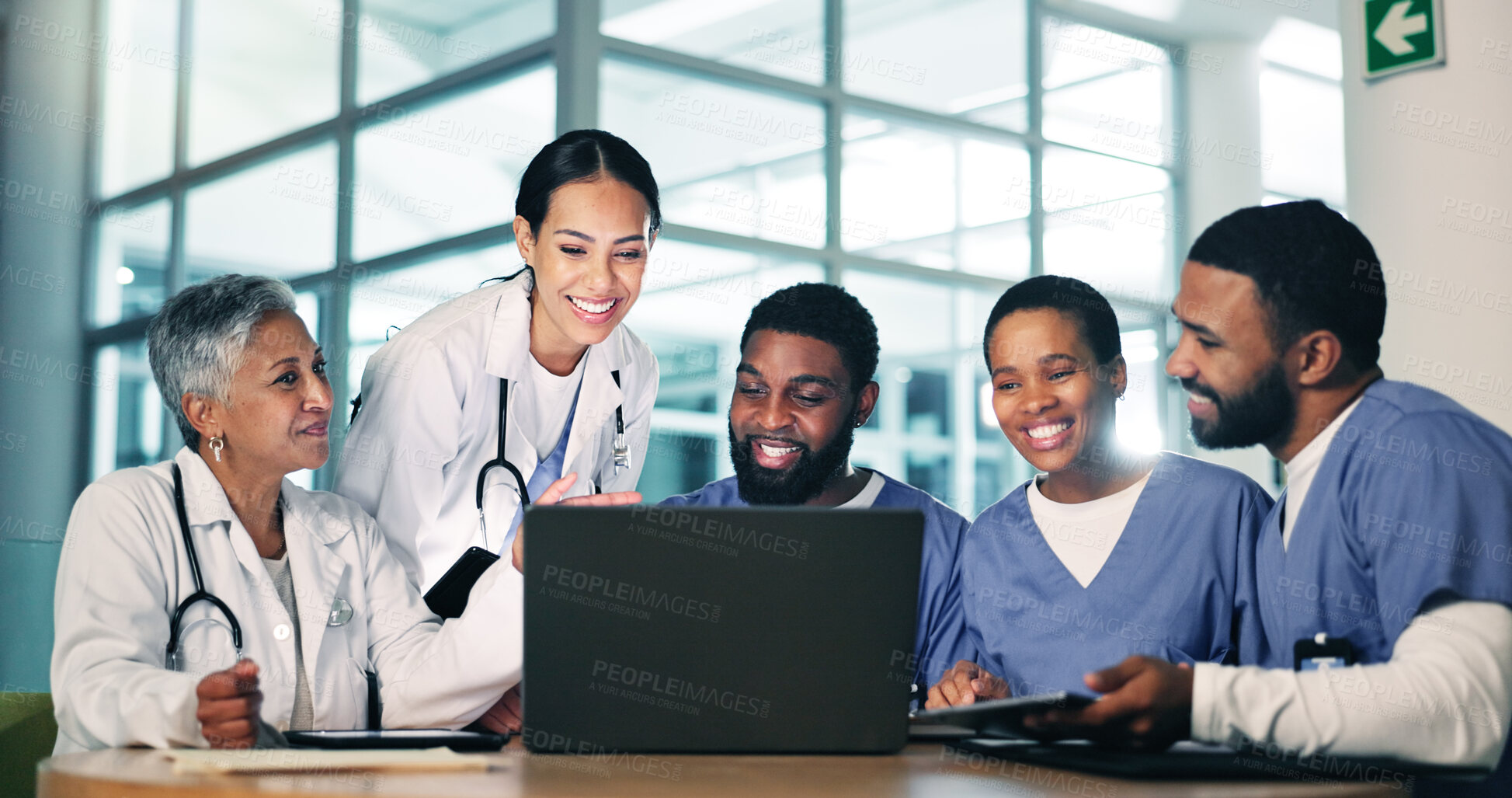 Buy stock photo Healthcare, meeting and doctors, nurses and laptop in office with documents for medical compliance, surgery or planning. Hospital, team or people online for brainstorming, solution or problem solving