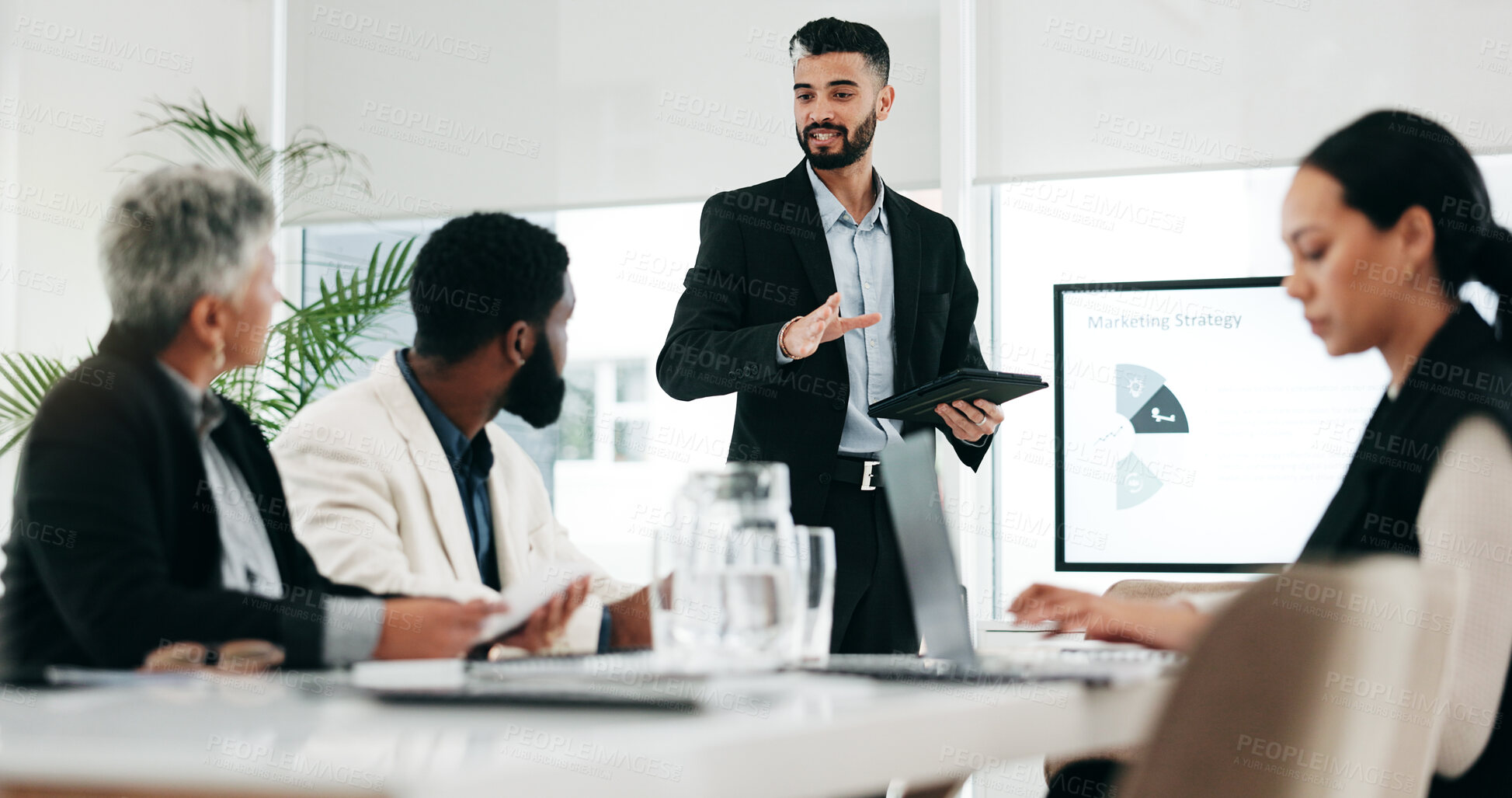 Buy stock photo Presentation, chart and meeting with business man and tablet for planning, training and project management. Idea, strategy and data analysis with people in office for brainstorming, team and research