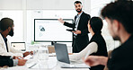 Presentation, team and meeting with business man and tablet for planning, training and project management. Idea, strategy and data analysis with people in office for brainstorming, chart and research