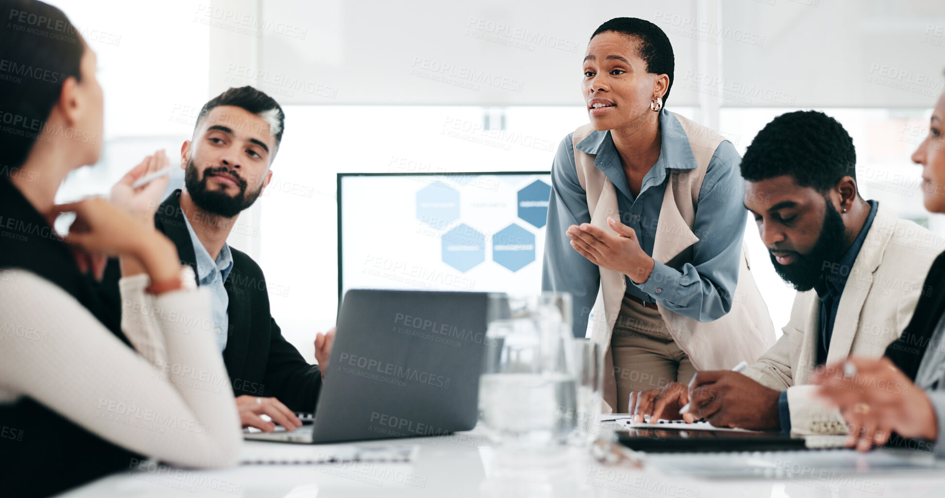 Buy stock photo Meeting, tablet and business people in office talking for planning, kpi analytics and online proposal. Corporate, teamwork and men and women working on digital tech, brainstorming ideas and research