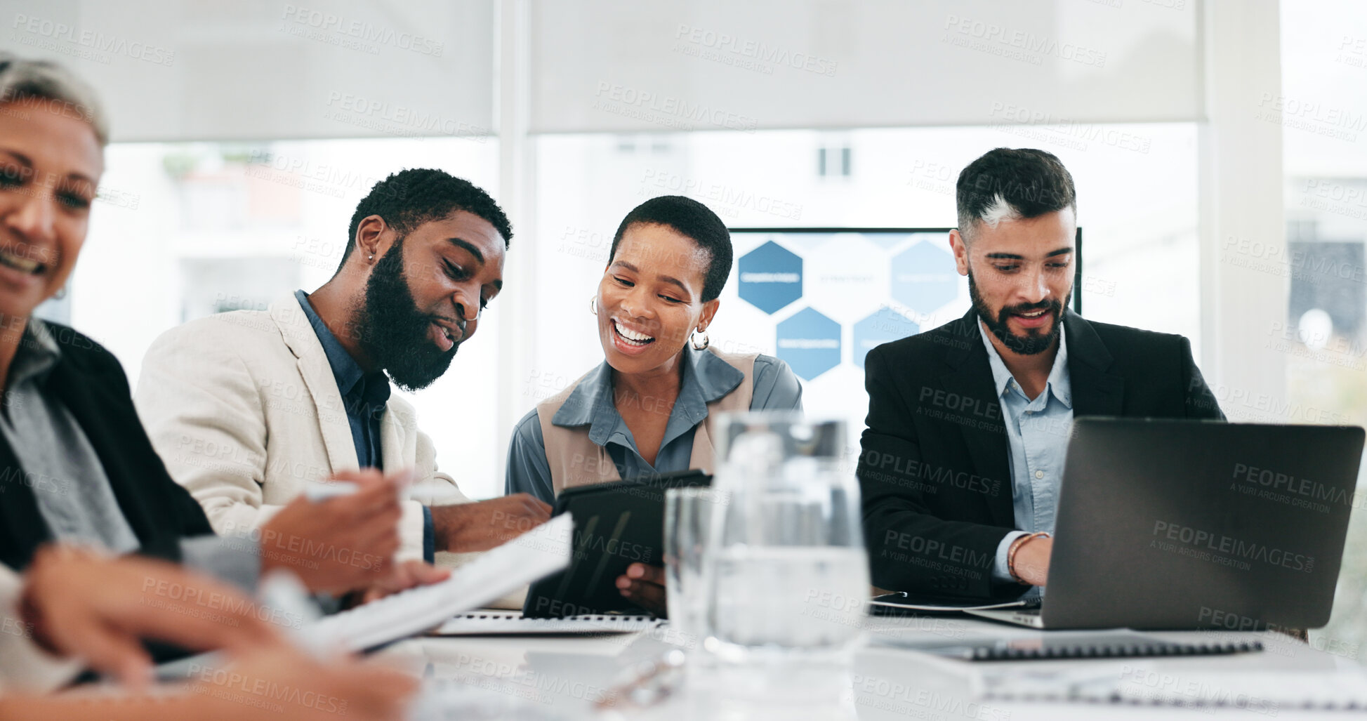 Buy stock photo Meeting, tablet and business people in office talking for planning, kpi analytics and online proposal. Corporate, teamwork and men and women working on digital tech, brainstorming ideas and research