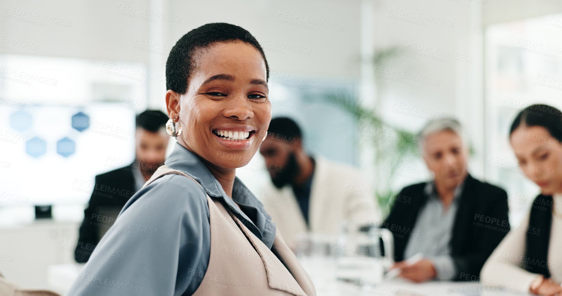 Buy stock photo Office, meeting and face of business black woman with team for planning, startup and collaboration. Corporate, career and portrait of happy worker with staff for discussion, feedback and presentation