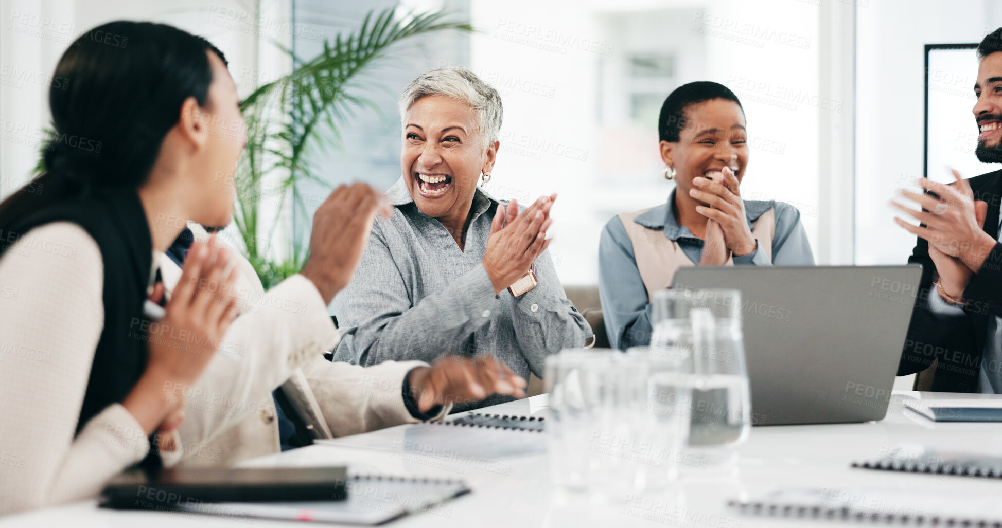 Buy stock photo Business people, group applause and high five on laptop for achievement, goal or success. Clapping, excited team and fist bump in celebration, target and congratulations for winner of bonus promotion