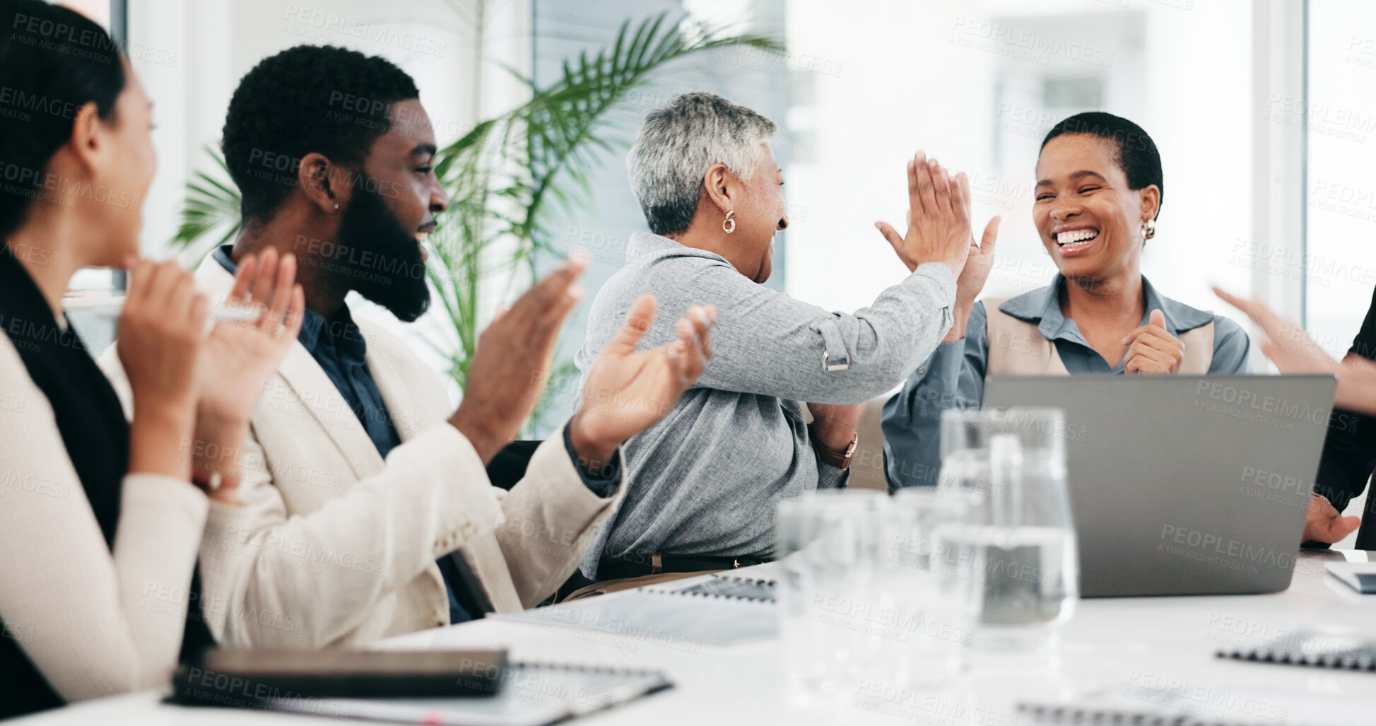 Buy stock photo Business people, group applause and high five on laptop for achievement, goal or success. Clapping, excited team and fist bump in celebration, target and congratulations for winner of bonus promotion