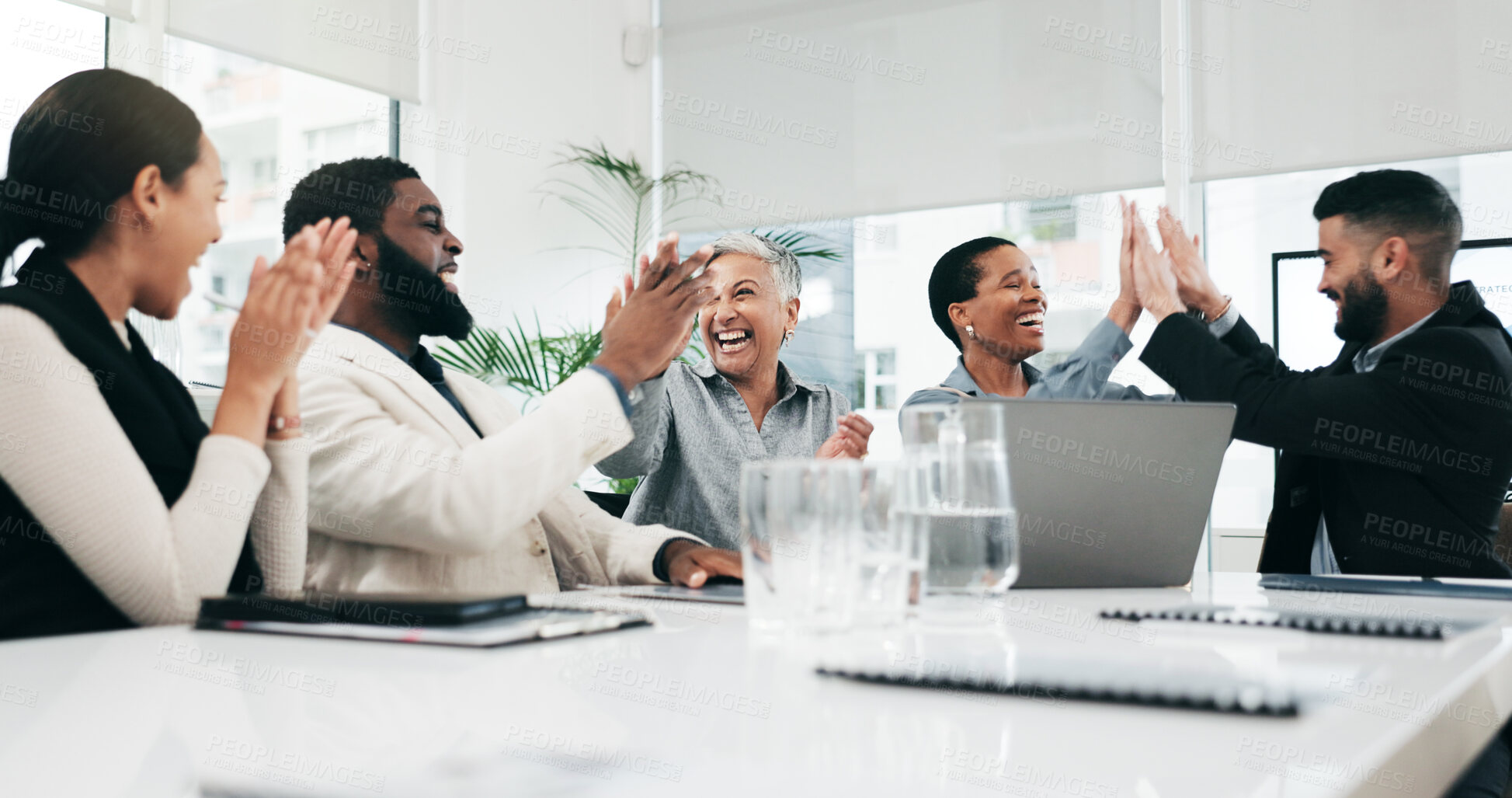 Buy stock photo Business people, group applause and high five on laptop for achievement, goal or success. Clapping, excited team and fist bump in celebration, target and congratulations for winner of bonus promotion