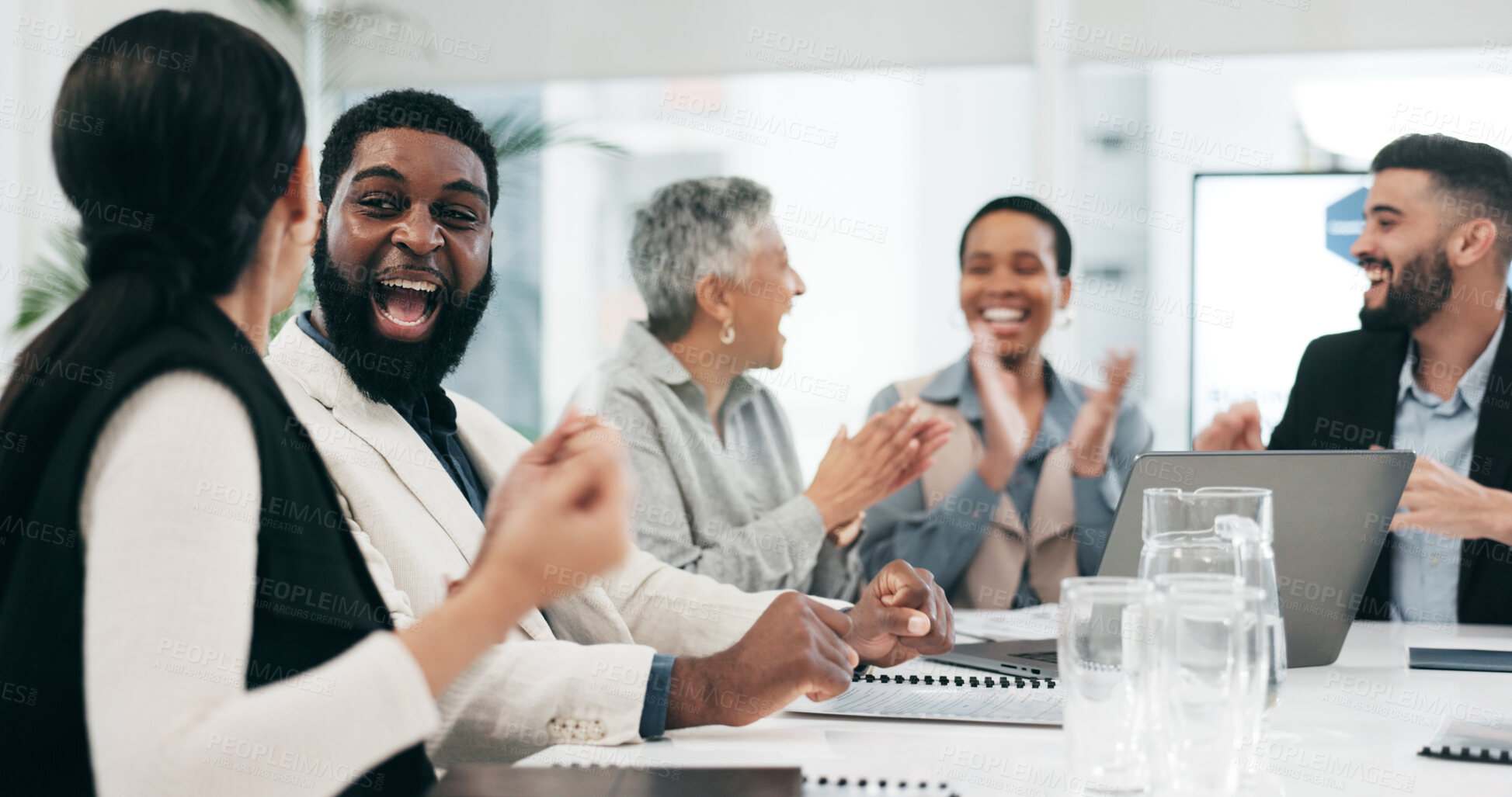 Buy stock photo Business people, group applause and high five on laptop for achievement, goal or success. Clapping, excited team and fist bump in celebration, target and congratulations for winner of bonus promotion