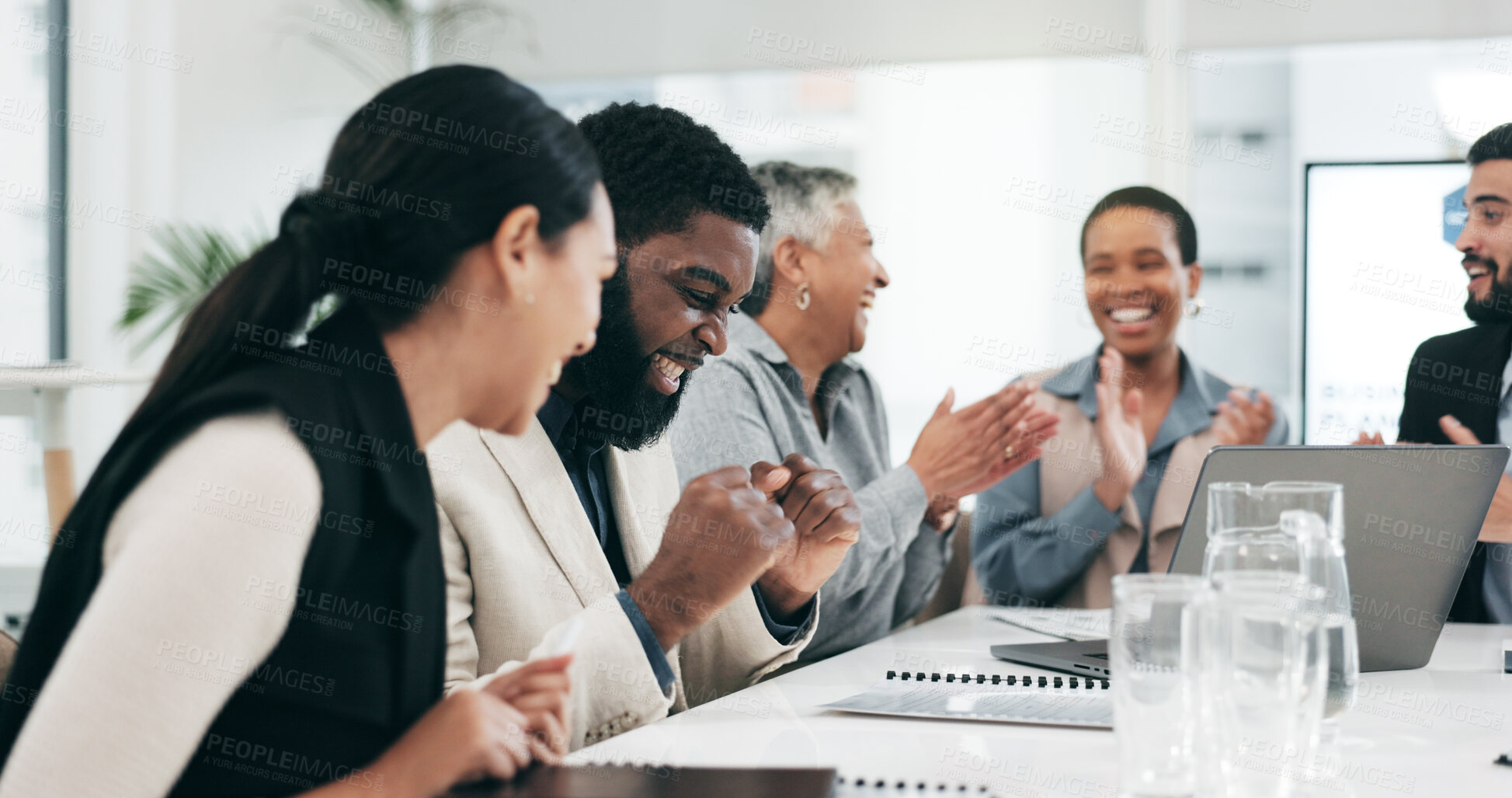 Buy stock photo Business people, group applause and high five on laptop for achievement, goal or success. Clapping, excited team and fist bump in celebration, target and congratulations for winner of bonus promotion