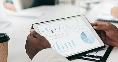 Business hands, screen and tablet for data analytics, graphs and chart or marketing profit, increase and planning in meeting. Professional people and clients with infographics on digital technology