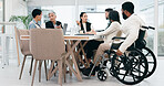 Inclusive, talking and business people in a morning meeting for collaboration, planning or discussion. Happy, diversity and a black man with a disability working at a company with emplyees speaking