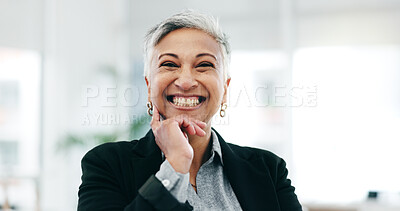 Senior woman, business ceo and laughing face in a office with consultant manager confidence. Funny, comedy and happy professional employee at a company with job at consultation agency with a smile
