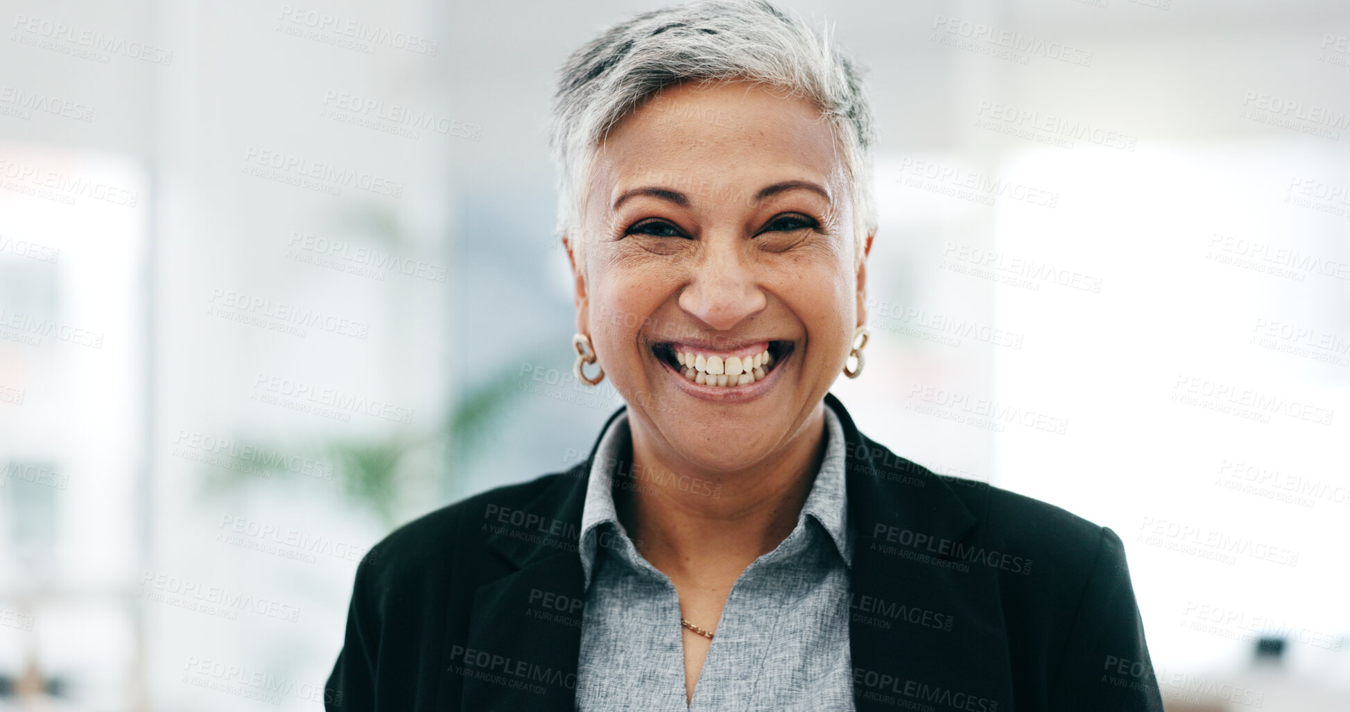 Buy stock photo Senior woman, ceo closeup and laughing face in a office with consultant manager confidence. Funny, comedy and happy professional employee at a company with job at consultation agency with a smile