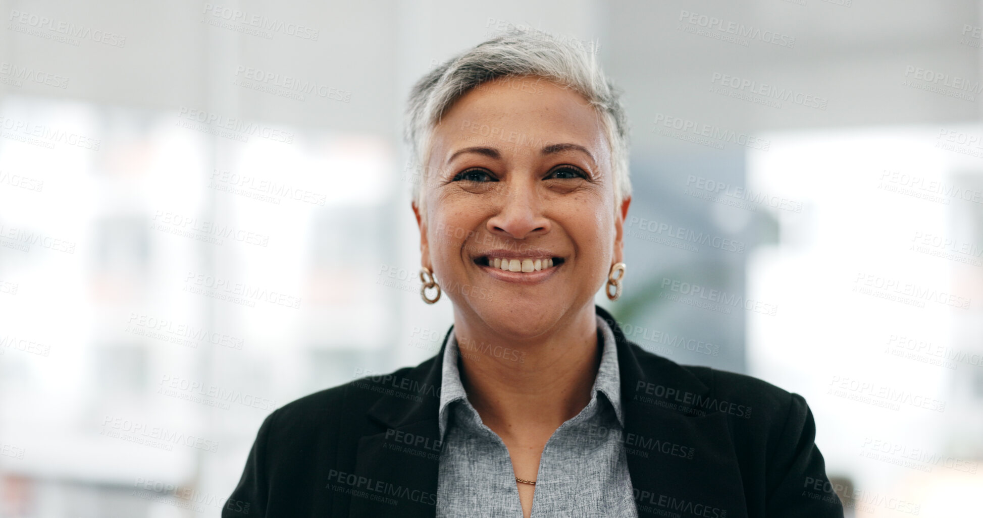 Buy stock photo Senior woman, ceo closeup and laughing face in a office with consultant manager confidence. Funny, comedy and happy professional employee at a company with job at consultation agency with a smile