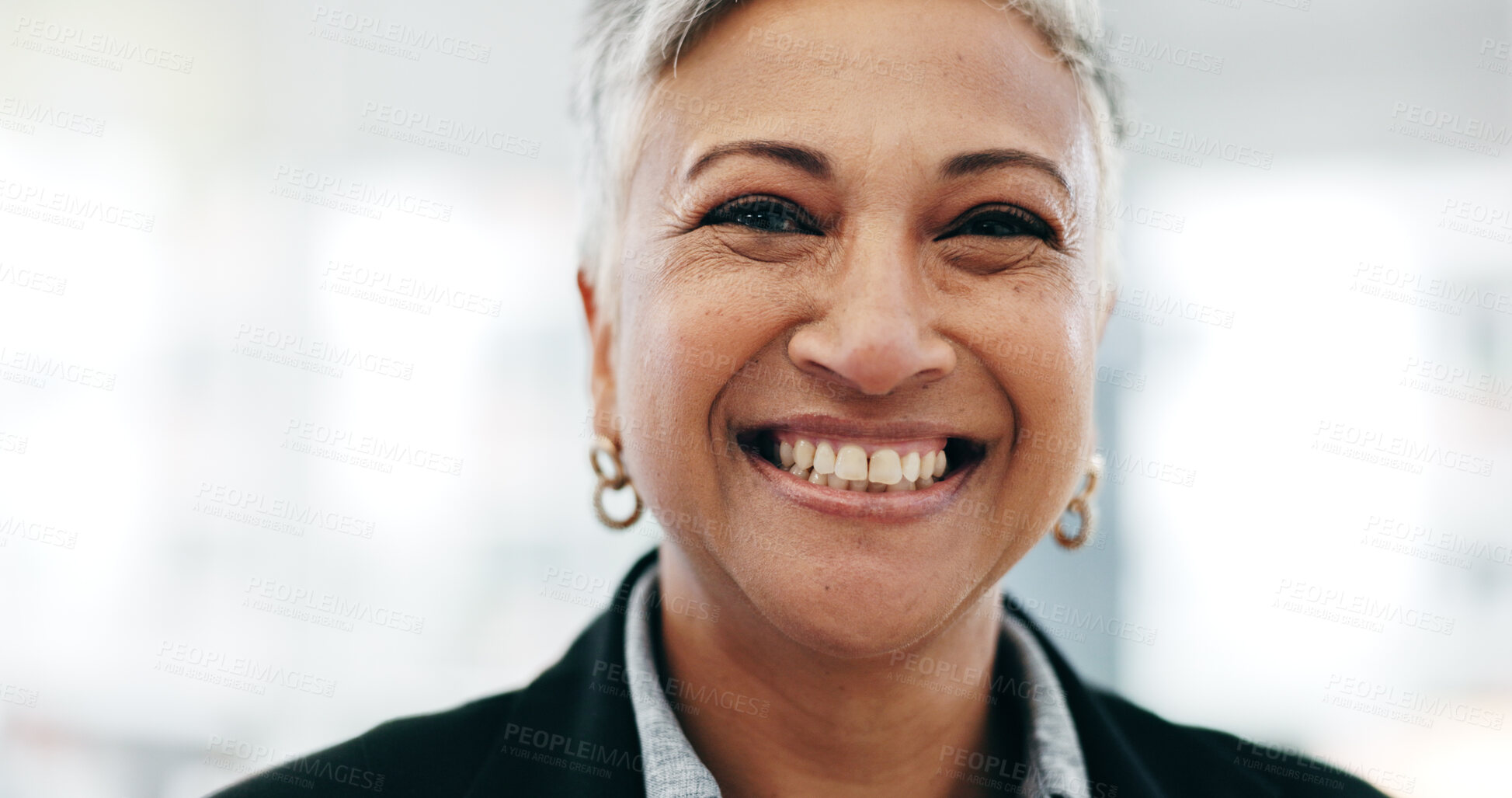 Buy stock photo Senior woman, business ceo closeup and laughing face in a office with consultant manager confidence. Funny, comedy and happy professional employee at a company job at consultation agency with smile