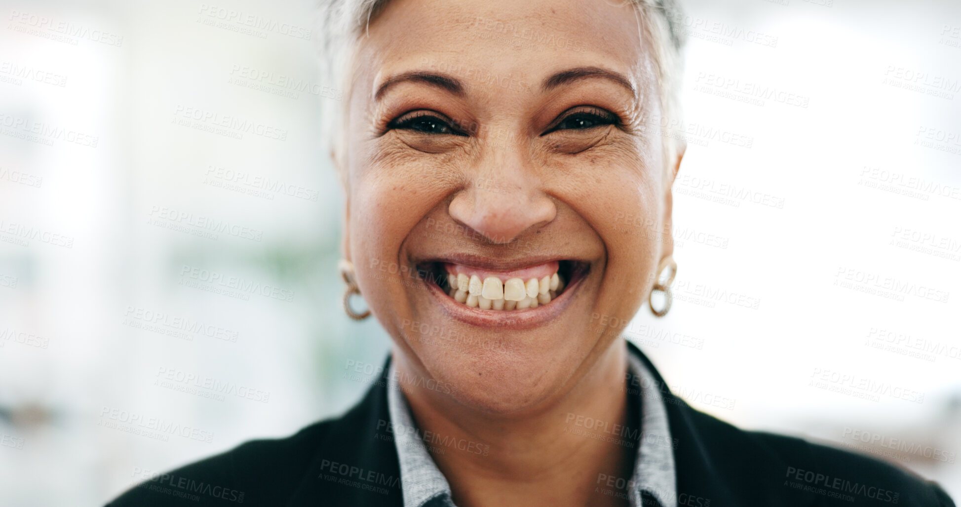 Buy stock photo Senior woman, business ceo closeup and laughing face in a office with consultant manager confidence. Funny, comedy and happy professional employee at a company job at consultation agency with smile