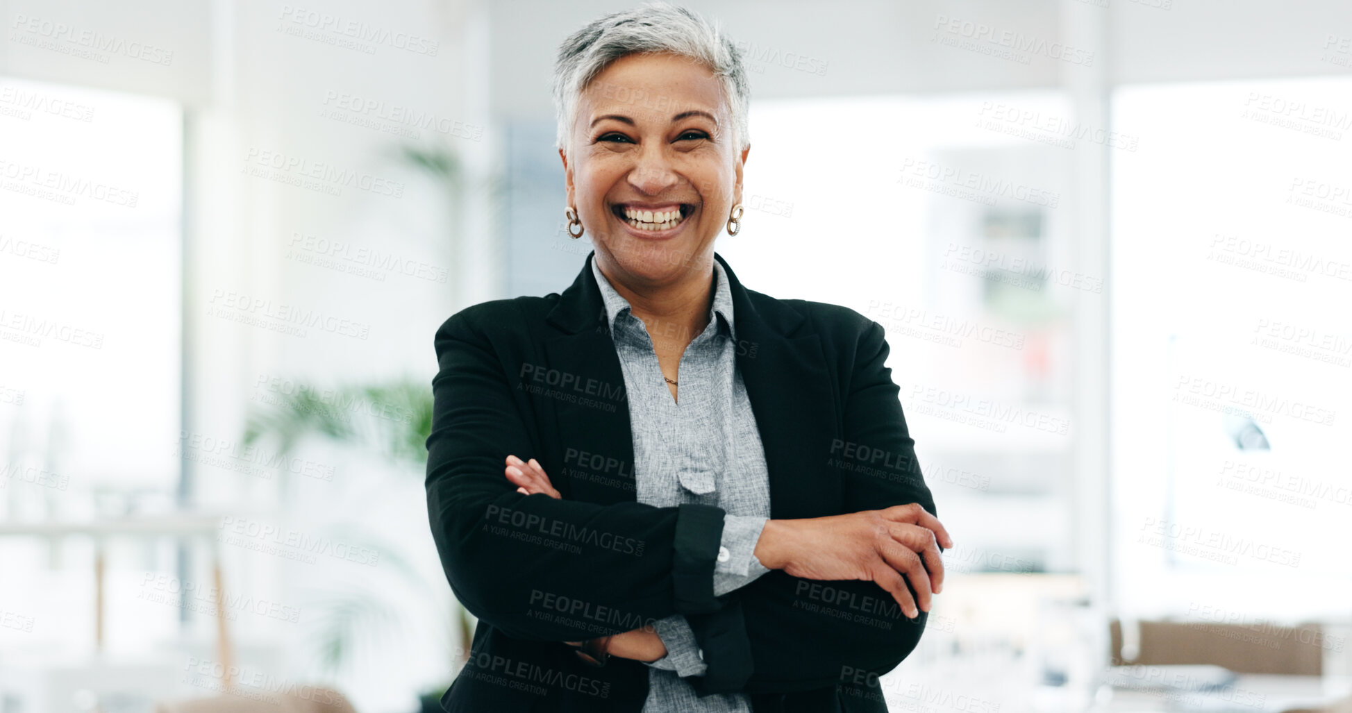 Buy stock photo Senior woman, business ceo and laughing boss face in a office with consultant manager confidence. Funny, comedy and happy professional employee at a company with job at consultation agency with smile