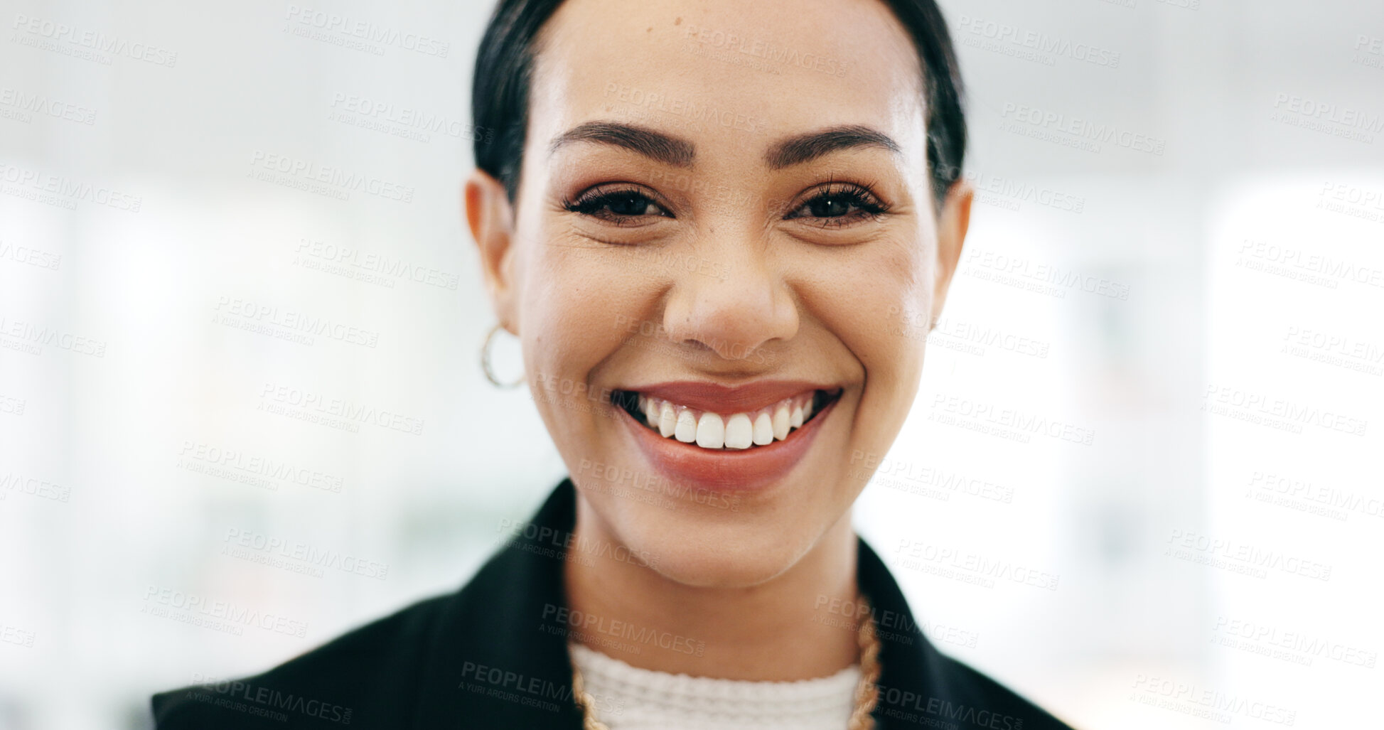 Buy stock photo Happy, Accountant and portrait of business woman in an finance agency, startup or company office with growth. Development, laughing and young employee confident as a corporate manager at workplace