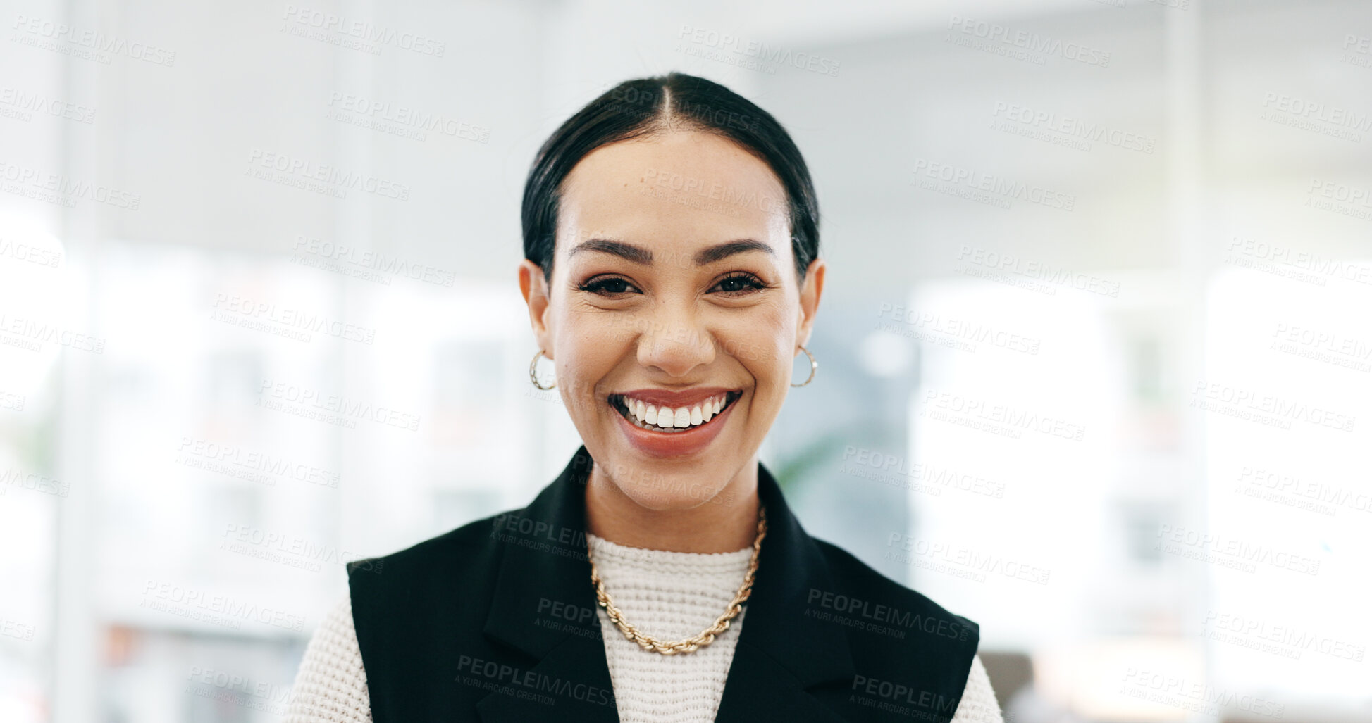 Buy stock photo Happy, Accountant and portrait of business woman in an finance agency, startup or company office with growth. Development, laughing and young employee confident as a corporate manager at workplace