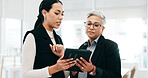 Business people, talking or women with a tablet, teamwork or cooperation with collaboration, budget planning or stock market. Staff, manager or employee with tech, productivity, investment or trading